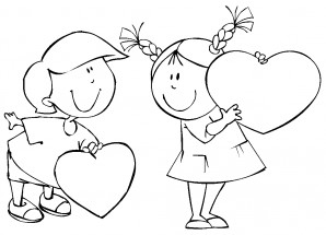 Мальчик и девочка с сердечками - раскраска					№12625