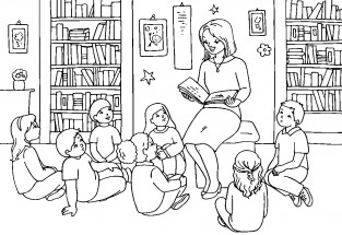 Учительница читает ученикам сказку - раскраска					№13159