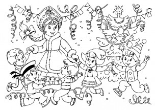 Новогодний хоровод вокруг снегурочки - раскраска					№10768