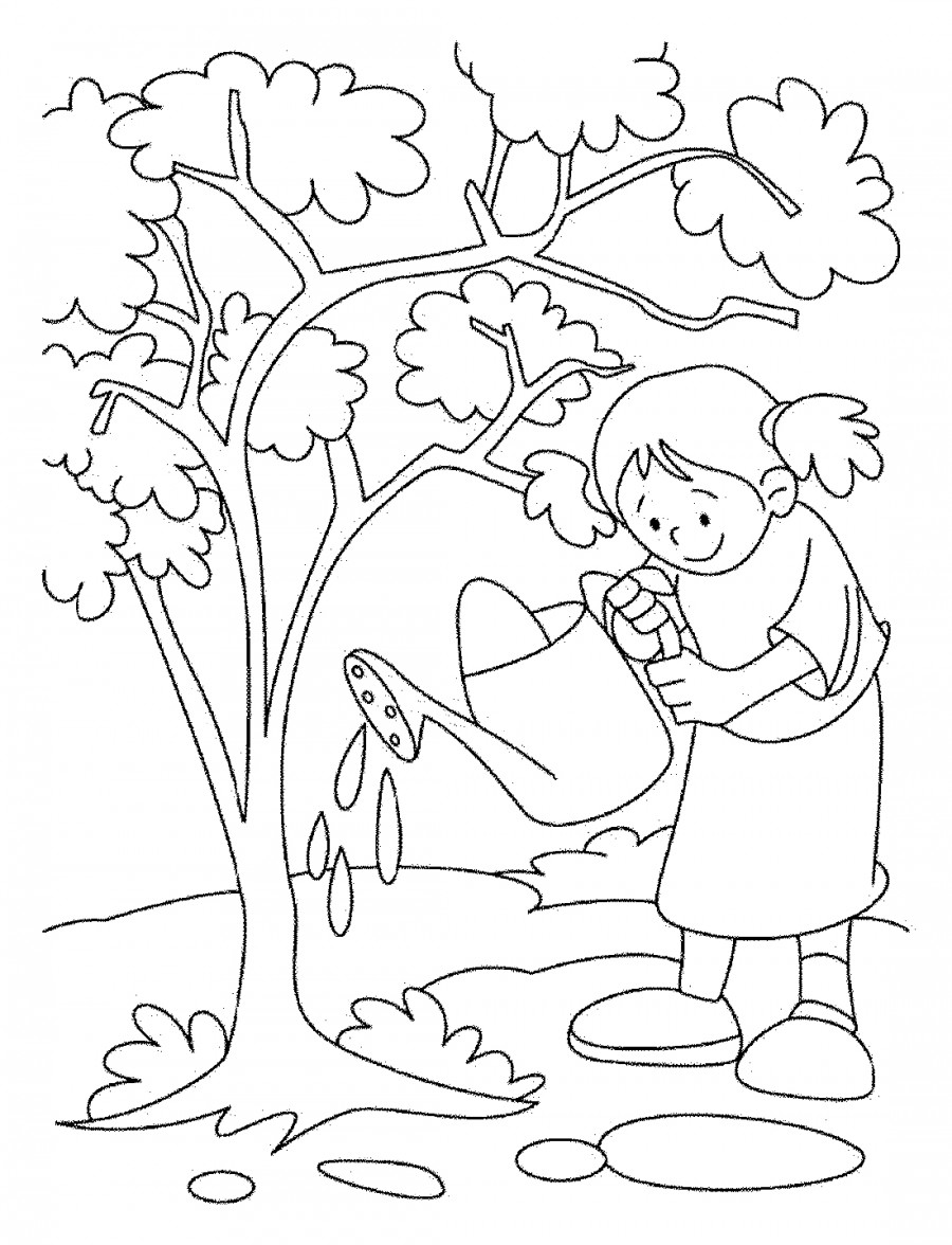 Девочка поливает дерево - раскраска №4174