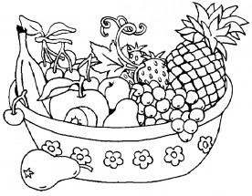 Корзинка в цветочек с ягодами и фруктами - раскраска					№12627