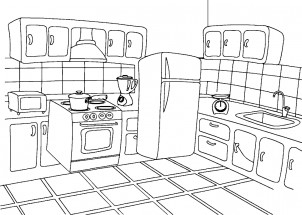 Кухня с плиткой и холодильником - раскраска					№11043