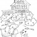 Девочка у школы с котиком - раскраска №5922