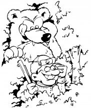 Охотник и медведь - раскраска					№9937