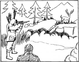 Охотник стреляет в оленя - раскраска					№9494
