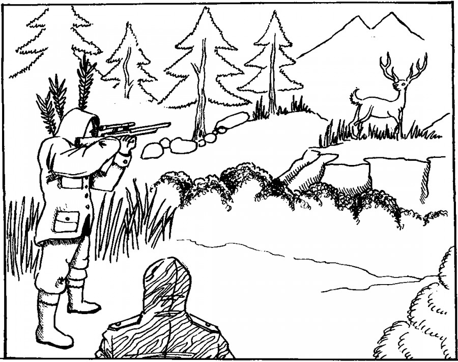 Охотник стреляет в оленя - раскраска №9494