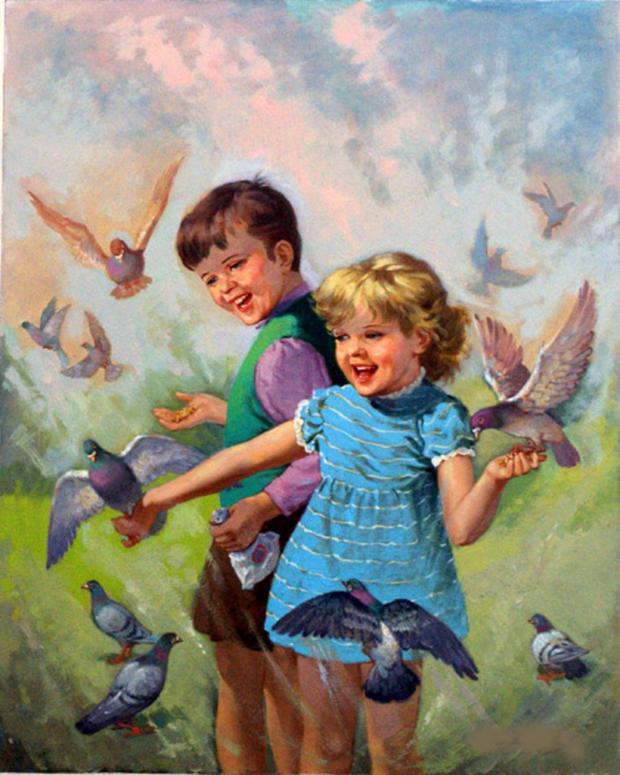 Дети кормят голубей - картинка №11056