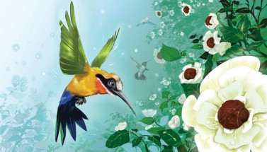 Яркая колибри и большие цветы - картинка					№11224