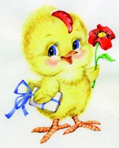 Цыпленок с подарком и цветочком - картинка					№11178
