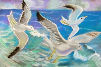 Три чайки над морскими волнами - картинка					№8583