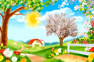Весенняя лужайка с домиком - картинка					№14306