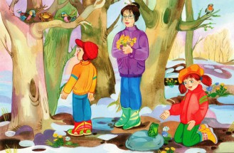 Мама с детьми гуляют по весеннему лесу - картинка					№10583