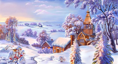 Церковь и дома зимой - картинка					№13301