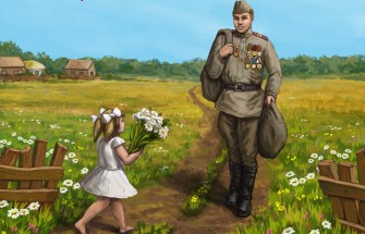 Девочка встречает с цветами солдата - картинка					№9770