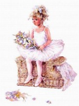 Балерина с букетом сидит на корзине - картинка					№8252