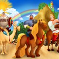 Три богатыря на лошадках на фоне радуги - картинка №13383